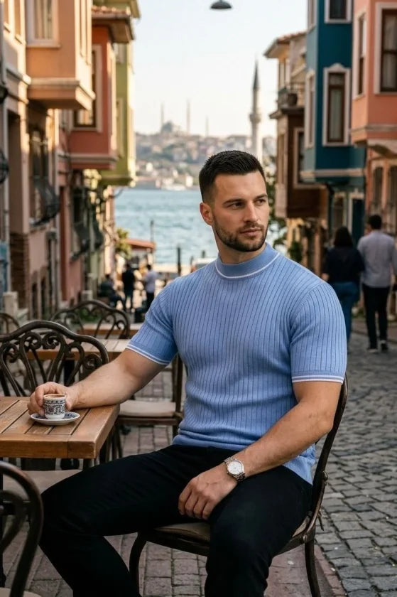 Erkek Fitilli Triko Dokuma Kısa Kol Tişört Yarım Boğaz Modern Yazlık T-Shirt - Bebe Mavisi (186174)