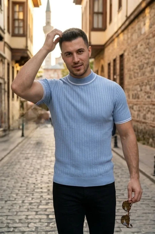Erkek Fitilli Triko Dokuma Kısa Kol Tişört Yarım Boğaz Modern Yazlık T-Shirt - Bebe Mavisi (186174)