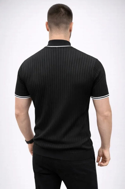 Erkek Fitilli Triko Dokuma Kısa Kol Tişört Yarım Boğaz Modern Yazlık T-Shirt - Siyah (186175)
