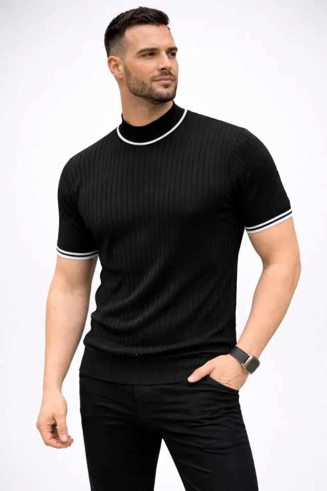 Erkek Fitilli Triko Dokuma Kısa Kol Tişört Yarım Boğaz Modern Yazlık T-Shirt - Siyah (186175)
