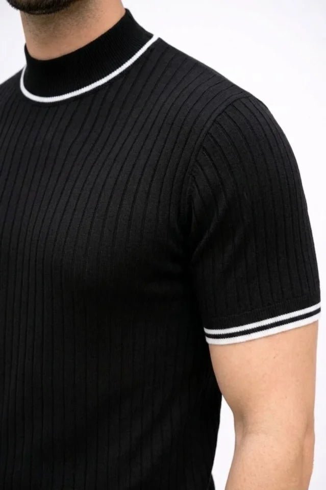Erkek Fitilli Triko Dokuma Kısa Kol Tişört Yarım Boğaz Modern Yazlık T-Shirt - Siyah (186175)