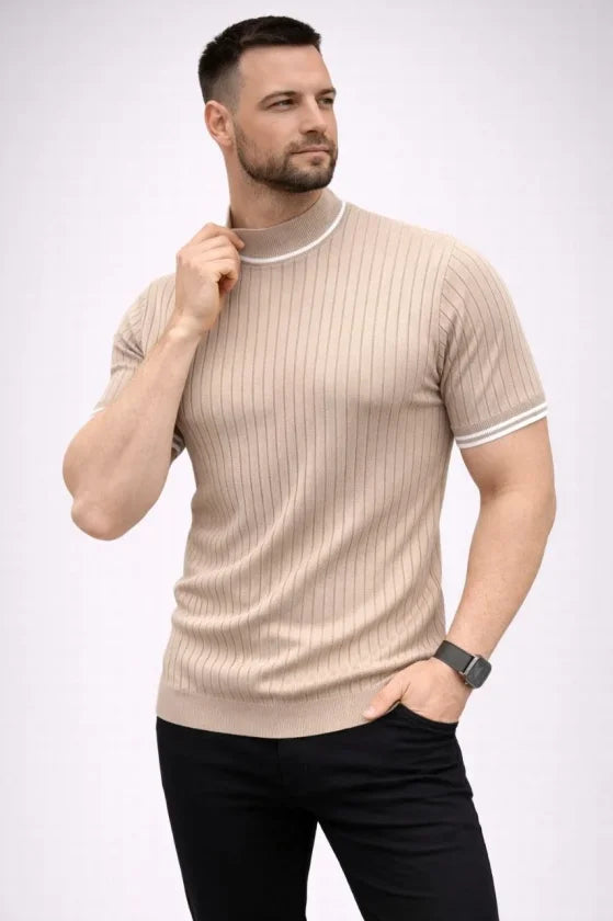 Erkek Fitilli Triko Dokuma Kısa Kol Tişört Yarım Boğaz Modern Yazlık T-Shirt - Bej (186176)