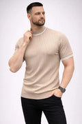 Erkek Fitilli Triko Dokuma Kısa Kol Tişört Yarım Boğaz Modern Yazlık T-Shirt - Bej (186176)