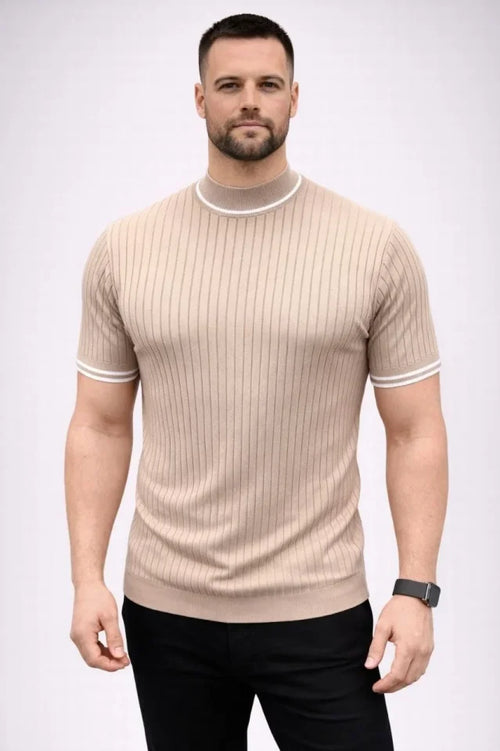 Erkek Fitilli Triko Dokuma Kısa Kol Tişört Yarım Boğaz Modern Yazlık T-Shirt - Bej (186176)