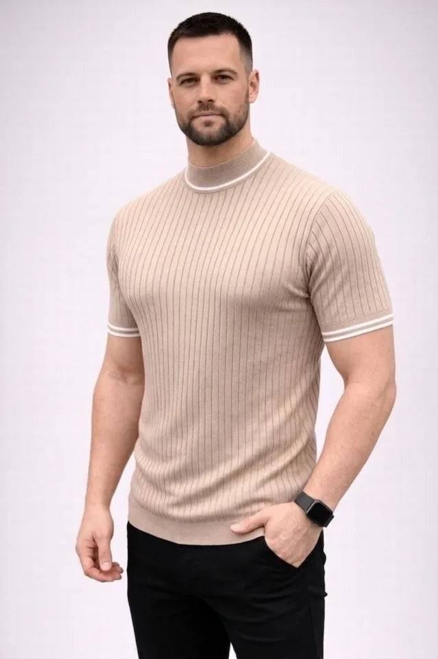 Erkek Fitilli Triko Dokuma Kısa Kol Tişört Yarım Boğaz Modern Yazlık T-Shirt - Bej (186176)