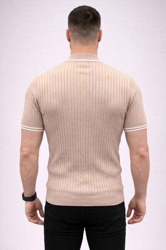 Erkek Fitilli Triko Dokuma Kısa Kol Tişört Yarım Boğaz Modern Yazlık T-Shirt - Bej (186176)