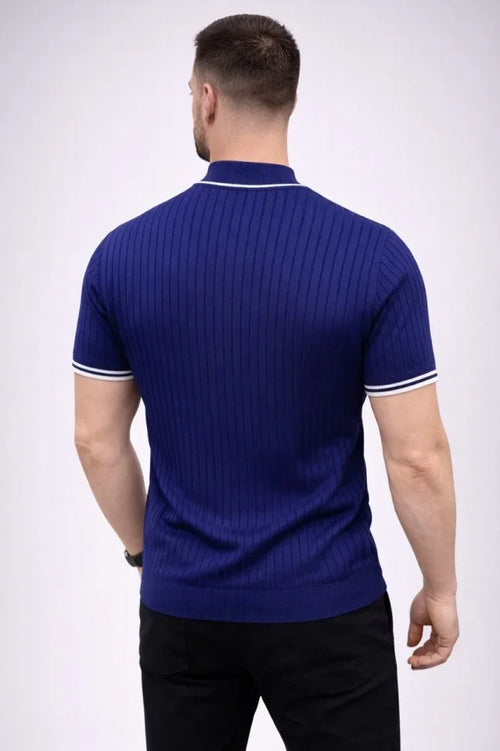 Erkek Fitilli Triko Dokuma Kısa Kol Tişört Yarım Boğaz Modern Yazlık T-Shirt - Lacivert (186177)