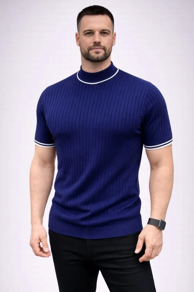 Erkek Fitilli Triko Dokuma Kısa Kol Tişört Yarım Boğaz Modern Yazlık T-Shirt - Lacivert (186177)