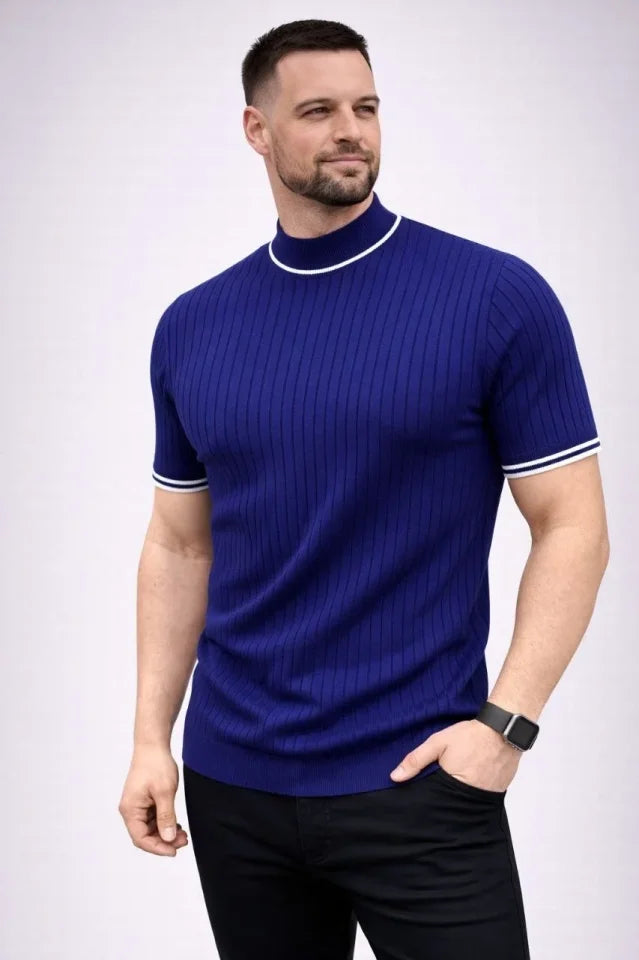 Erkek Fitilli Triko Dokuma Kısa Kol Tişört Yarım Boğaz Modern Yazlık T-Shirt - Lacivert (186177)