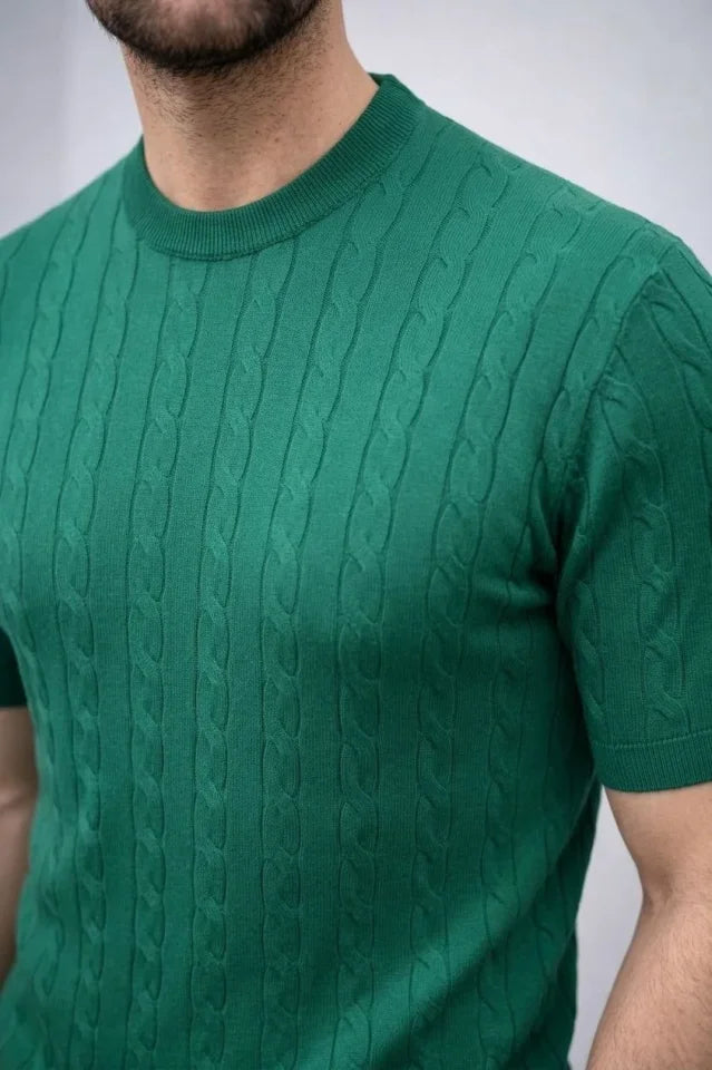 Erkek Yazlık Triko Dokuma Tişört Kısa Kol Bisiklet Yaka Örgü Desenli T-Shirt - Haki (186178)