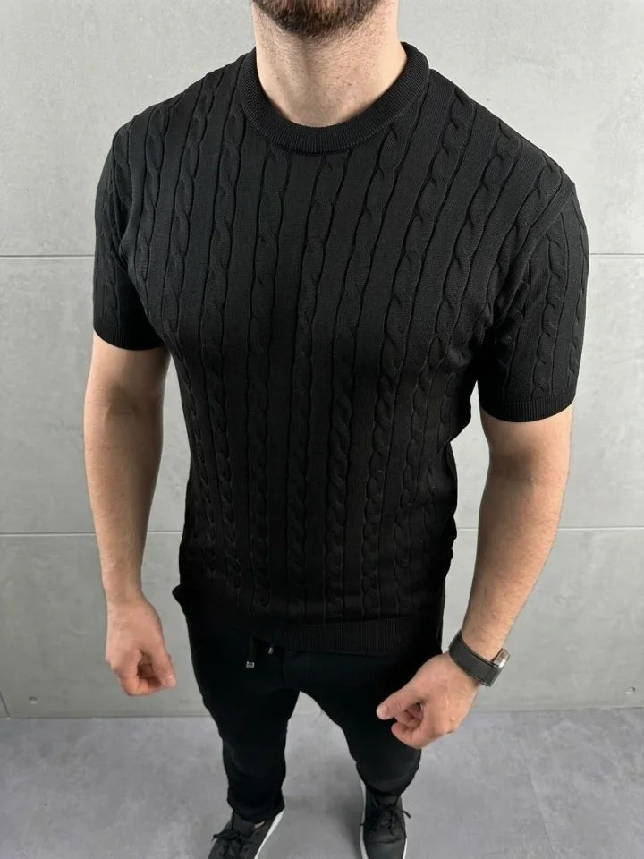 Erkek Yazlık Triko Dokuma Tişört Kısa Kol Bisiklet Yaka Örgü Desenli T-Shirt - Siyah (186180)