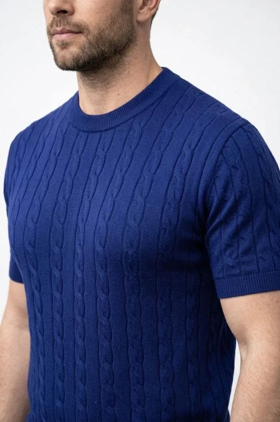 Erkek Yazlık Triko Dokuma Tişört Kısa Kol Bisiklet Yaka Örgü Desenli T-Shirt - Lacivert (186181)