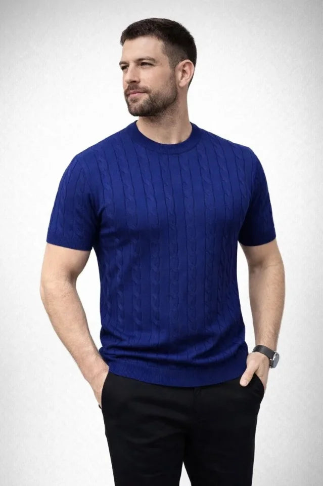 Erkek Yazlık Triko Dokuma Tişört Kısa Kol Bisiklet Yaka Örgü Desenli T-Shirt - Lacivert (186181)