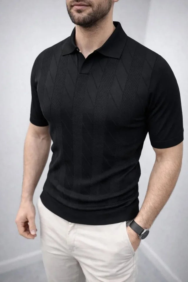 Erkek Yazlık Triko Dokuma Tişört Kısa Kol Polo Yaka T-Shirt - Siyah (186203)
