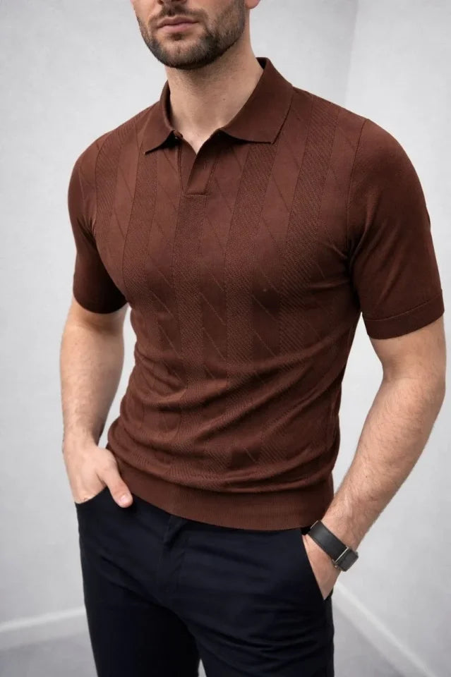 Erkek Yazlık Triko Dokuma Tişört Kısa Kol Polo Yaka T-Shirt - Kahverengi (186204)