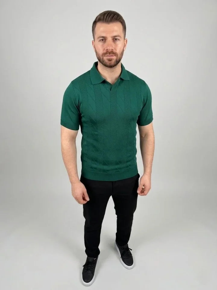 Erkek Yazlık Triko Dokuma Tişört Kısa Kol Polo Yaka T-Shirt - Koyu Yeşil (186205)