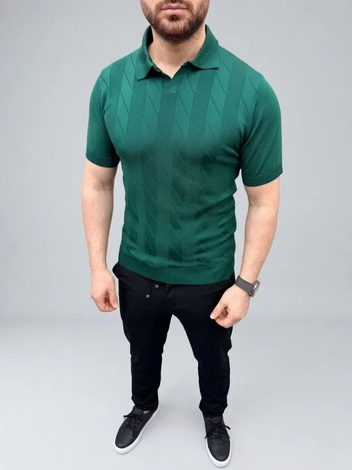 Erkek Yazlık Triko Dokuma Tişört Kısa Kol Polo Yaka T-Shirt - Koyu Yeşil (186205)
