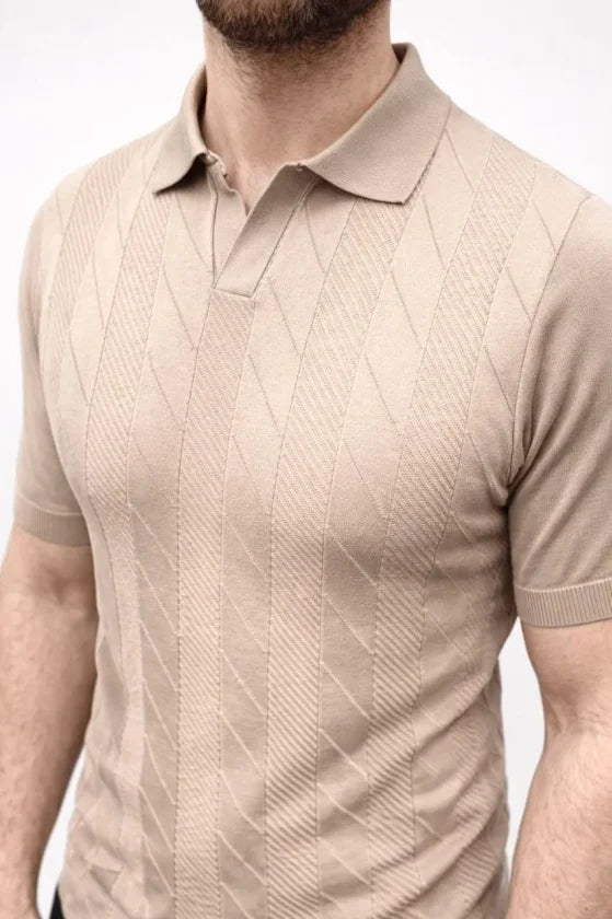 Erkek Yazlık Triko Dokuma Tişört Kısa Kol Polo Yaka T-Shirt - Bej (186206)