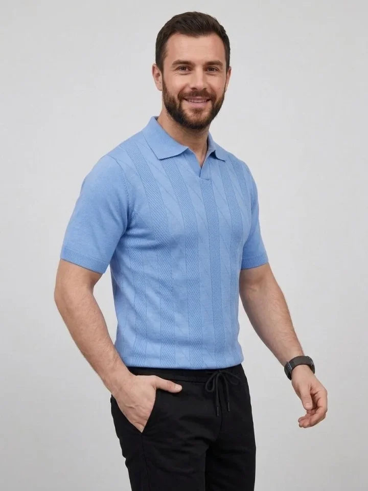 Erkek Yazlık Triko Dokuma Tişört Kısa Kol Polo Yaka T-Shirt - Bebek Mavisi (186207)