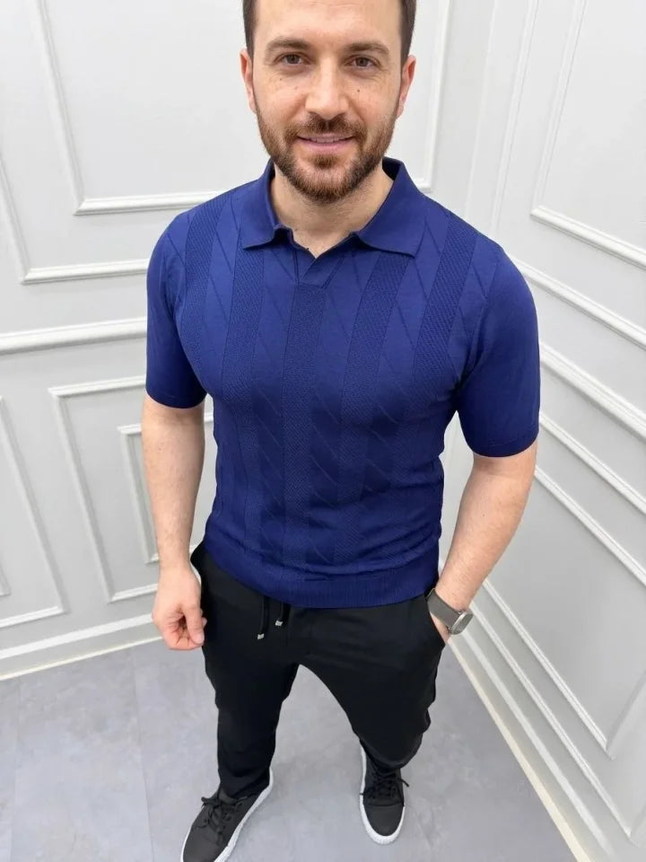 Erkek Yazlık Triko Dokuma Tişört Kısa Kol Polo Yaka T-Shirt - Lacivert (186208)