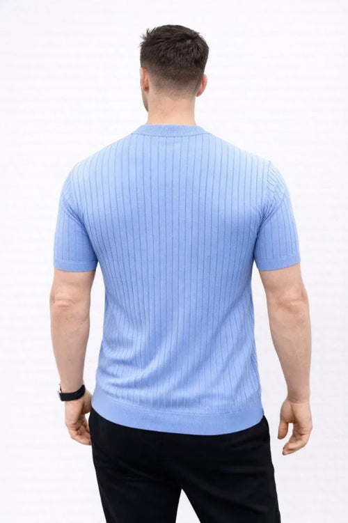 Erkek Kısa Kol Fitilli Triko T-Shirt Yazlık Hakim Yaka Tişört - Bebek Mavisi (186211)