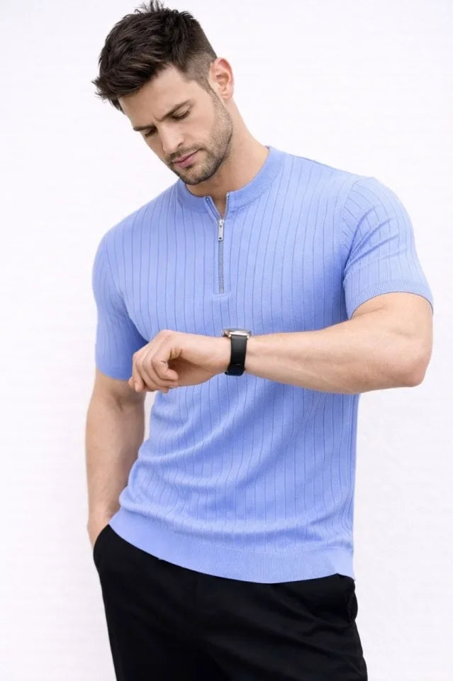 Erkek Kısa Kol Fitilli Triko T-Shirt Yazlık Hakim Yaka Tişört - Bebek Mavisi (186211)