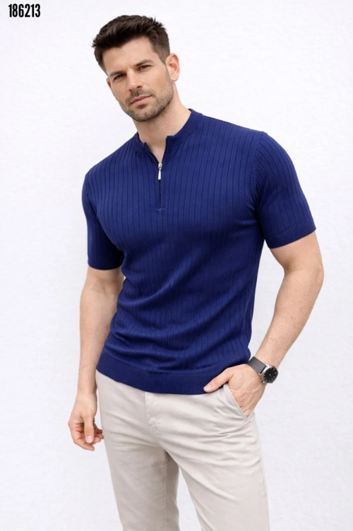 Erkek Kısa Kol Fitilli Triko TShirt Yazlık Hakim Yaka Tişört Lacivert