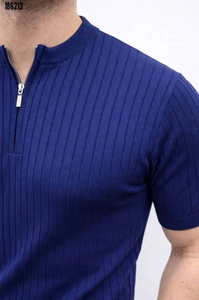 Erkek Kısa Kol Fitilli Triko TShirt Yazlık Hakim Yaka Tişört Lacivert