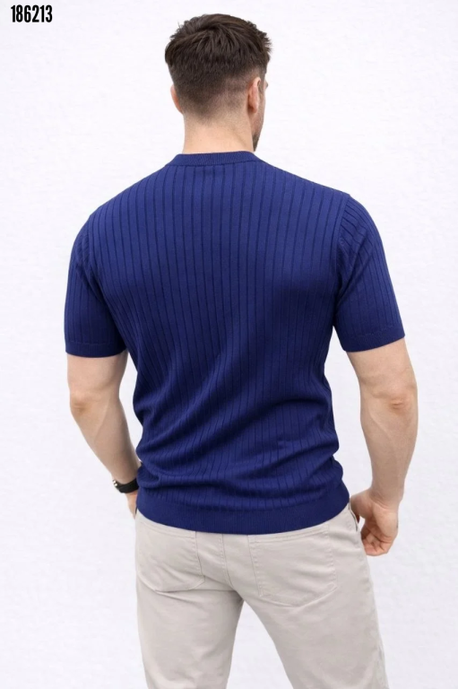 Erkek Kısa Kol Fitilli Triko TShirt Yazlık Hakim Yaka Tişört Lacivert