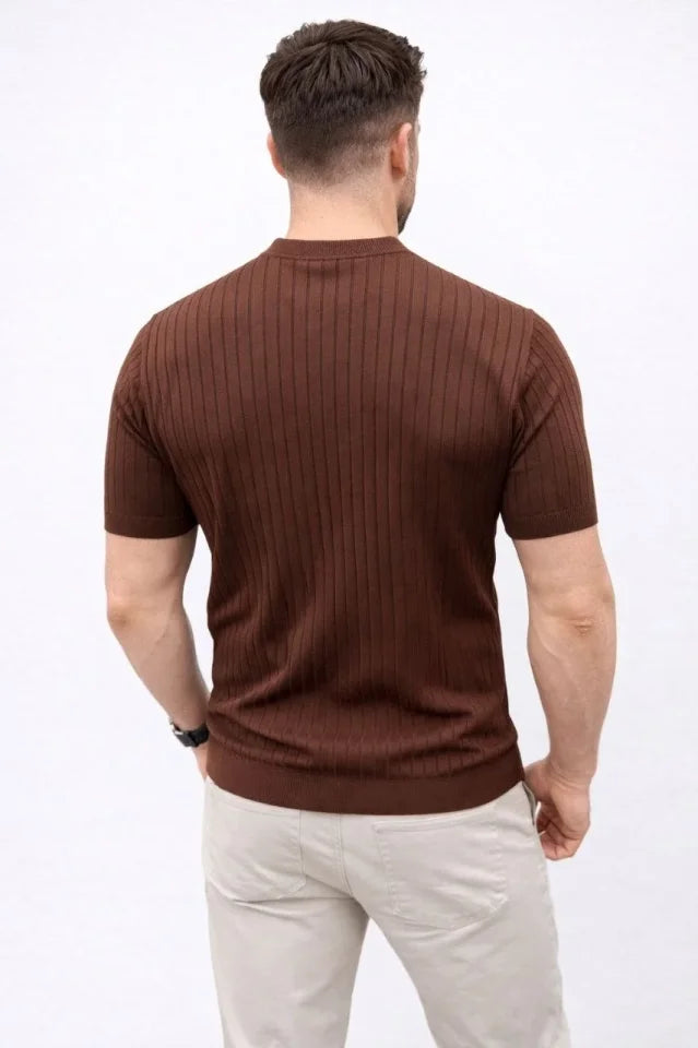 Erkek Kısa Kol Fitilli Triko T-Shirt Yazlık Hakim Yaka Tişört - Kahverengi (186214)