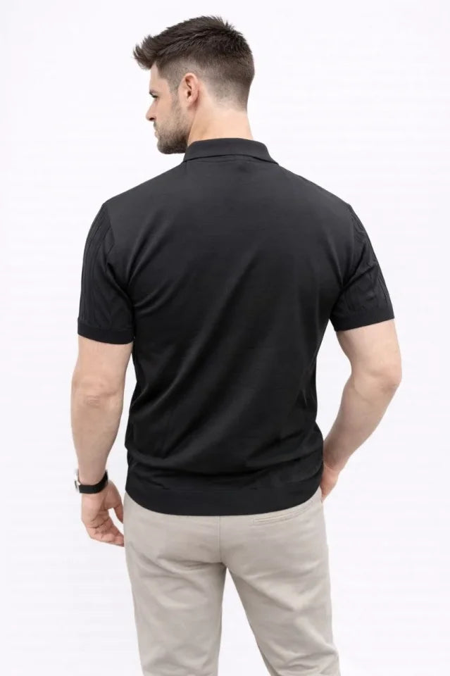 Erkek Yazlık Triko Tişört Kısa Kol Polo Yaka Düğmeli T-Shirt - Siyah (186221)