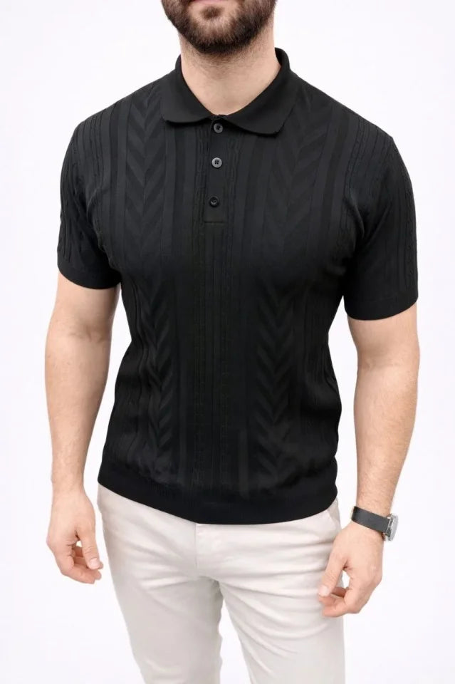 Erkek Yazlık Triko Tişört Kısa Kol Polo Yaka Düğmeli T-Shirt - Siyah (186221)