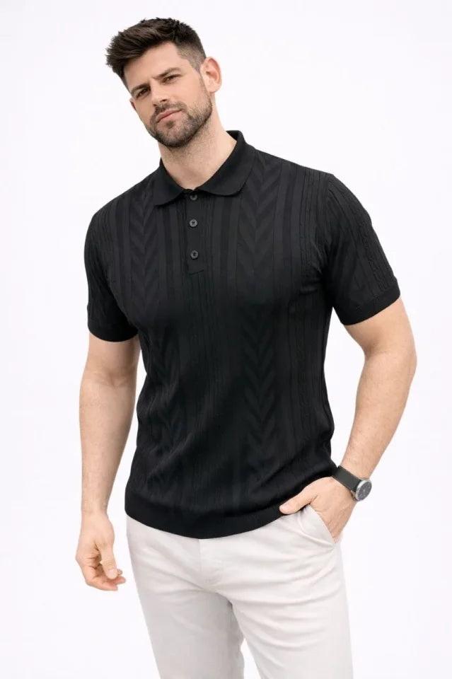 Erkek Yazlık Triko Tişört Kısa Kol Polo Yaka Düğmeli T-Shirt - Siyah (186221)