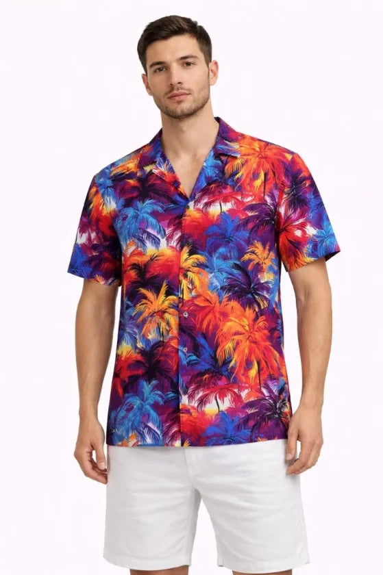 Erkek Tropikal Desenli Kısa Kol Gömlek Rahat Kalıp Yazlık Hawaii Tarz - Desenli (186378)