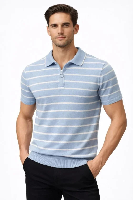 Erkek Triko Polo Yaka Fermuarlı Çizgili Tişört T-Shirt Yazlık Şık - Bebek Mavisi (186481)