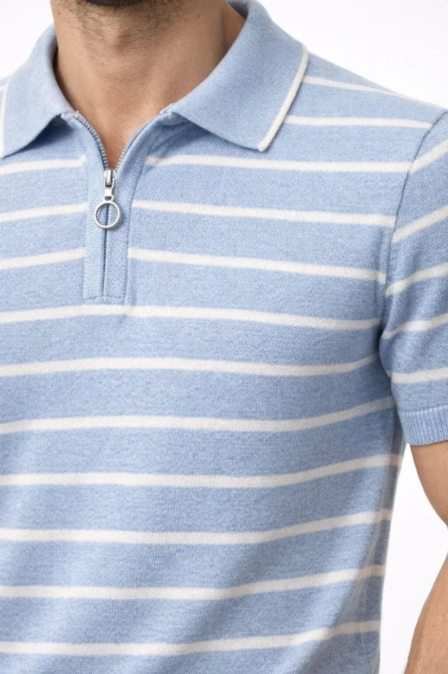 Erkek Triko Polo Yaka Fermuarlı Çizgili Tişört T-Shirt Yazlık Şık - Bebek Mavisi (186481)