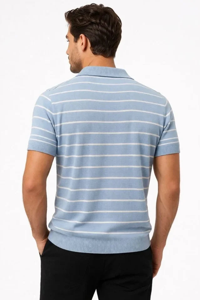Erkek Triko Polo Yaka Fermuarlı Çizgili Tişört T-Shirt Yazlık Şık - Bebek Mavisi (186481)