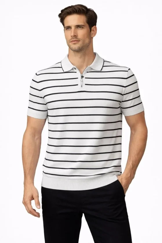 Erkek Triko Polo Yaka Fermuarlı Çizgili Tişört T-Shirt Yazlık Şık - Beyaz (186483)
