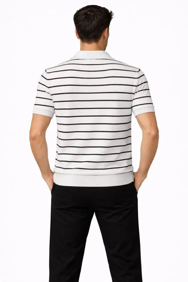 Erkek Triko Polo Yaka Fermuarlı Çizgili Tişört T-Shirt Yazlık Şık - Beyaz (186483)