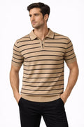 Erkek Triko Polo Yaka Fermuarlı Çizgili Tişört T-Shirt Yazlık Şık - Kahverengi (186484)