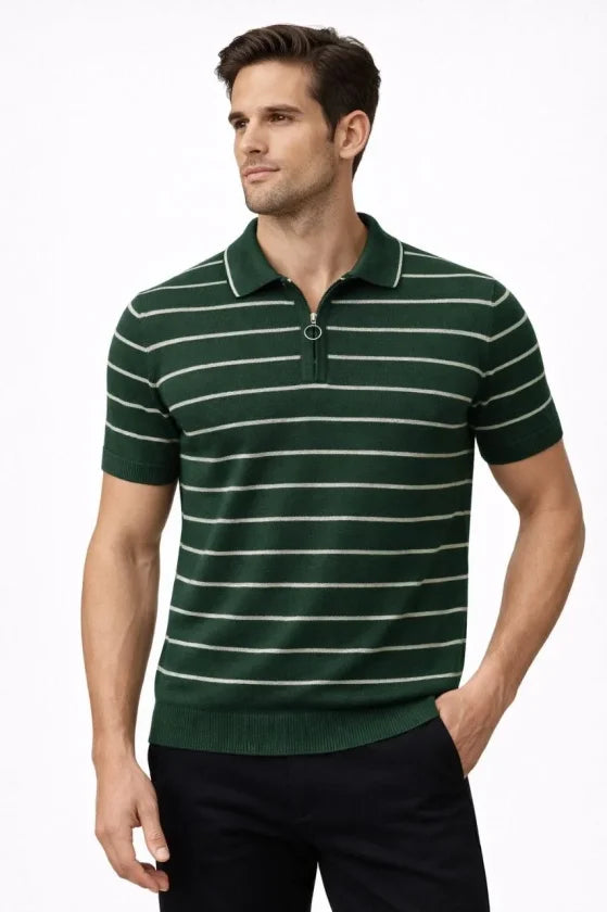 Erkek Triko Polo Yaka Fermuarlı Çizgili Tişört T-Shirt Yazlık Şık - Yeşil (186486)