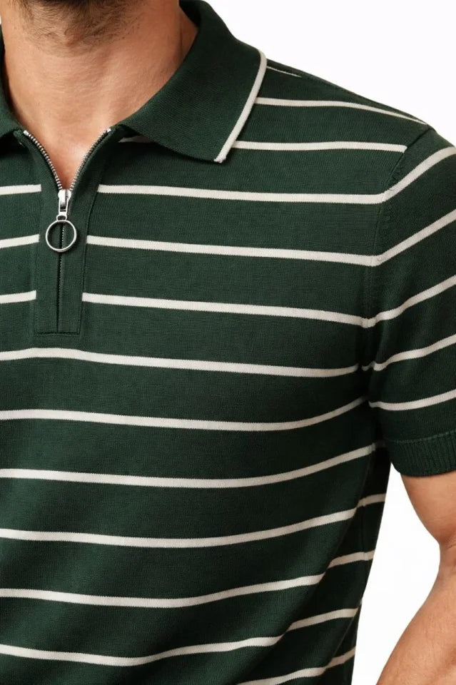 Erkek Triko Polo Yaka Fermuarlı Çizgili Tişört T-Shirt Yazlık Şık - Yeşil (186486)