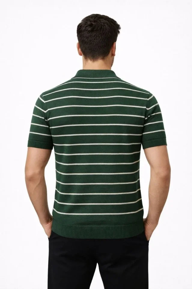 Erkek Triko Polo Yaka Fermuarlı Çizgili Tişört T-Shirt Yazlık Şık - Yeşil (186486)