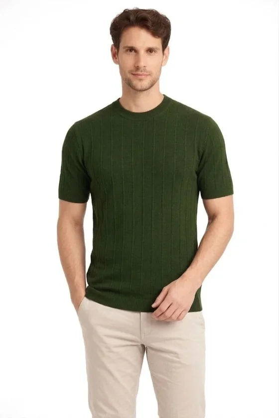 Erkek Yazlık Fitilli Triko Tişört Kısa Kol Bisiklet Yaka T-Shirt - Haki (186489)