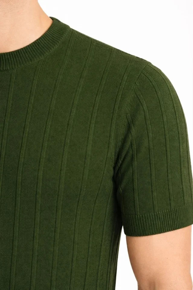 Erkek Yazlık Fitilli Triko Tişört Kısa Kol Bisiklet Yaka T-Shirt - Haki (186489)