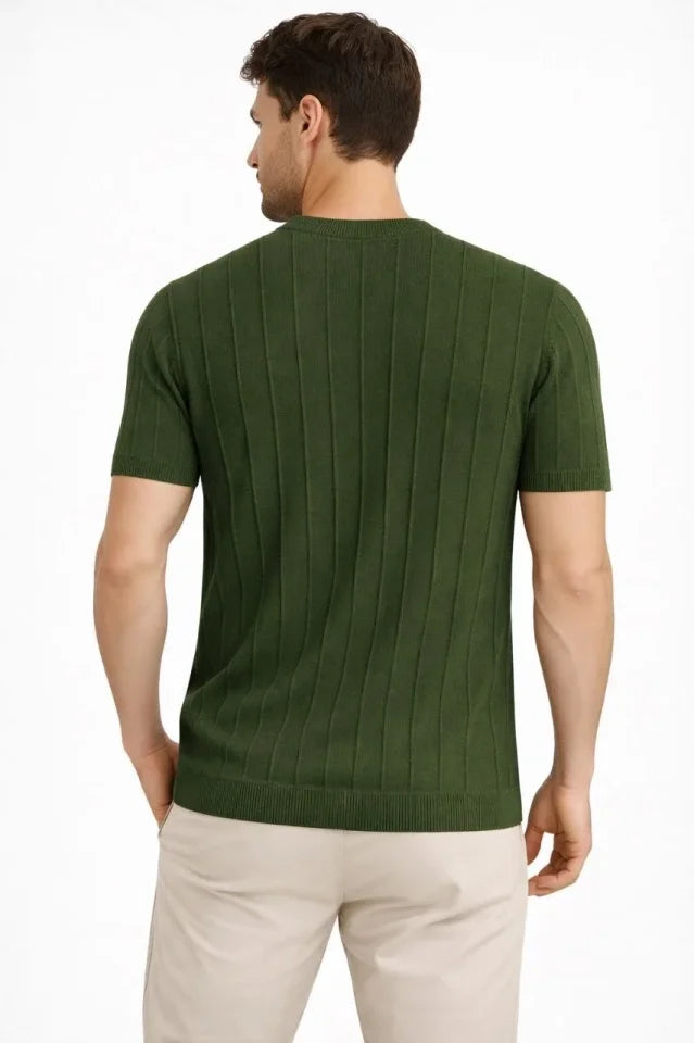 Erkek Yazlık Fitilli Triko Tişört Kısa Kol Bisiklet Yaka T-Shirt - Haki (186489)