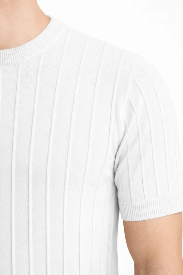 Erkek Yazlık Fitilli Triko Tişört Kısa Kol Bisiklet Yaka T-Shirt - Beyaz (186491)
