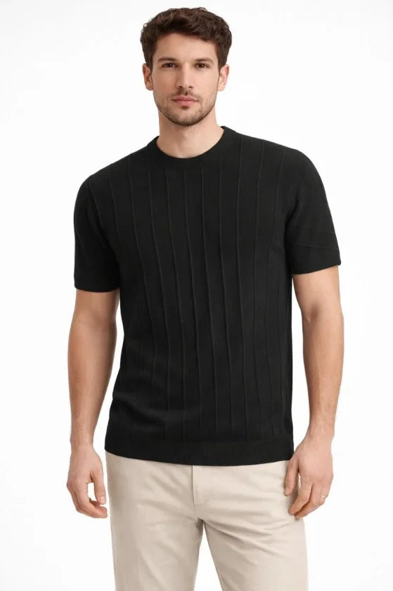 Erkek Yazlık Fitilli Triko Tişört Kısa Kol Bisiklet Yaka T-Shirt - Siyah (186492)
