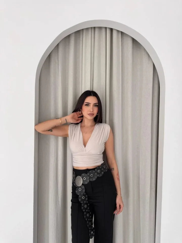 Vatkalı Kolsuz V Yaka Drapeli Crop Bluz Likralı Fit - Boyalı Gri (186705)