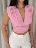Vatkalı Kolsuz V Yaka Drapeli Crop Bluz Likralı Fit - Pembe (186708)